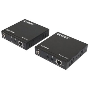 Manhattan 4K HDMI HDBaseT over Ethernet Extender Kit, Extends Distances of 4K@30Hz up to 70m and 1080p up to 100m Using Single Ethernet Cable, Power over Cable, Bi-directional IR, RS232 Support, Black, Three Year Warranty, With Euro 2-pin plug, Box