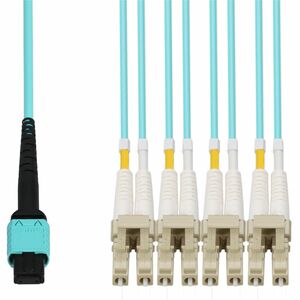 AddOn 10m MPO/UPC to 4xLC/UPC Duplex Aqua OM4 LSZH 8-Strand Fiber Fanout Cable, MMF (Multi Mode), 50/125