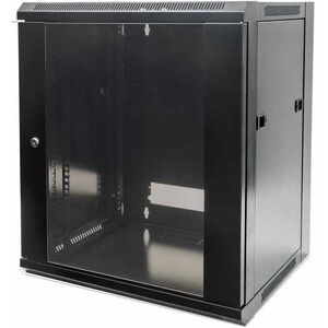 19" Network Cabinet - Wall Mount (Standard), 6U, 450mm Deep, Black, Flatpack, Max 60kg, Suitable also for use on desk or floor, Usable Depth 270mm to 350mm, Metal & Glass Door, Back Panel, Removeable Sides,Parts for wall installation not included