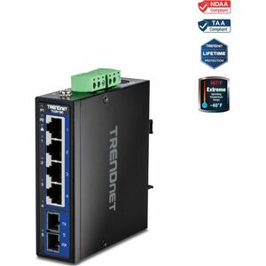 TRENDnet 5-Port Hardened Industrial Gigabit DIN-Rail Switch, TI-G51SC, 1 x Multi-Mode SC Port, 4 x Gigabit Ports, 10Gbps, IP30 Rated, Lifetime Protection, Black