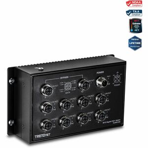 TRENDnet 10-Port Industrial EN 50155 M12 Gigabit PoE+ Railway Switch, TI-XPG102, IP40 Rated for Harsh Environments, NDAA + TAA Compliant, Black