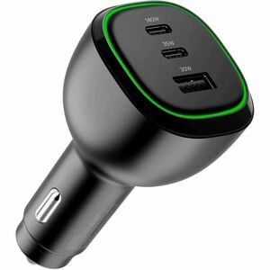 Alogic 165W car charger USB-C USB-A ports fast charging for laptops, tablets, and smartphones with 1m cable