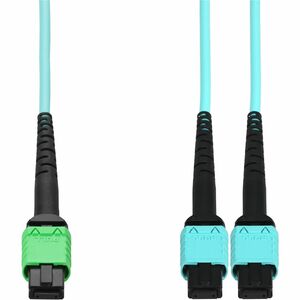AddOn 10m MPO/APC to 2xMPO/UPC Aqua OM4 OFNR (Riser-Rated) 16-Strand Fiber Fanout Cable, MMF (Multi Mode), 50/125