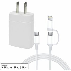 4XEM 25W USB-C PD Wall Charger Kit with 3ft USB-C to USB-C Cable & Lightning Adapter, MFi Certified, White
