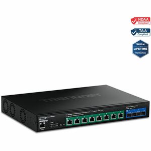 TRENDnet 12-Port 10G PoE++ Web Smart Switch, TPE-7124SBF, 720W PoE Power Budget, 8 x 10G PoE++ Ports, 4 x 10G SFP+ Ports, NDAA TAA Compliant, 1U 19" Rack Mountable, Lifetime Protection