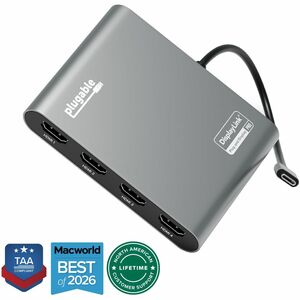Plugable USB C to Quad HDMI 4K Adapter with 100W PD Pass-Though Power Delivery for Windows, Mac M1/M2/M3/M4, Thunderbolt, and USB-C Laptops