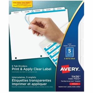 Avery&reg; Print & Apply Clear Label Dividers with Index Maker&reg; Easy Apply&trade; Labels for Laser and Inkjet Printers, 5 tabs, 5 sets