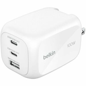 Belkin 100W GaN 3-Port USB Wall Charger - 1xUSB-A, 2xUSB-C - Foldable Prongs - Power Adapter - White