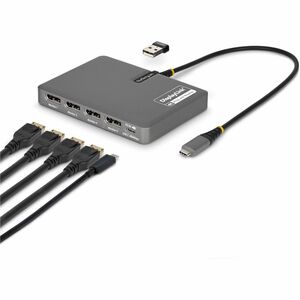 StarTech USB-C to Quad-Monitor Workstation Adapter, 4K 60Hz DisplayPort, 140W PD Passthrough for Laptop Charging, 1x USB 2.0 Port, TAA