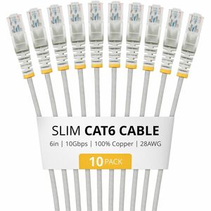 StarTech 6in Gray Slim CAT6 Cable, 10 Pack, Snagless RJ45, UTP, LSZH, 28AWG Pure Bare Copper, Slim Network Patch Cord