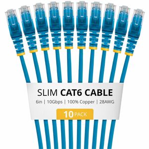 StarTech 6in Blue Slim CAT6 Cable, 10 Pack, Snagless RJ45, UTP, LSZH, 28AWG Pure Bare Copper, Slim Network Patch Cord
