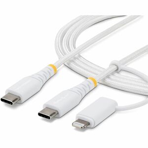 StarTech 2m (6.6ft) 2-in-1 Rugged USB-C Charging Cable with Lightning Adapter, 30W/60W, Apple MFi Certified Braided USB C Charger Cord