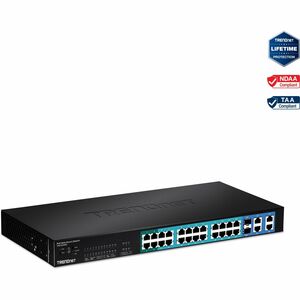 TRENDnet 28-Port 10/100Mbps Web Smart PoE+ Switch, 20 x PoE Ports, 4 x PoE+ Ports, 2 x Gigabit Ports, 2 x Shared Gigabit Ports (RJ-45 or SFP), Rack Mountable, Lifetime Protection, Black, TPE-224WS