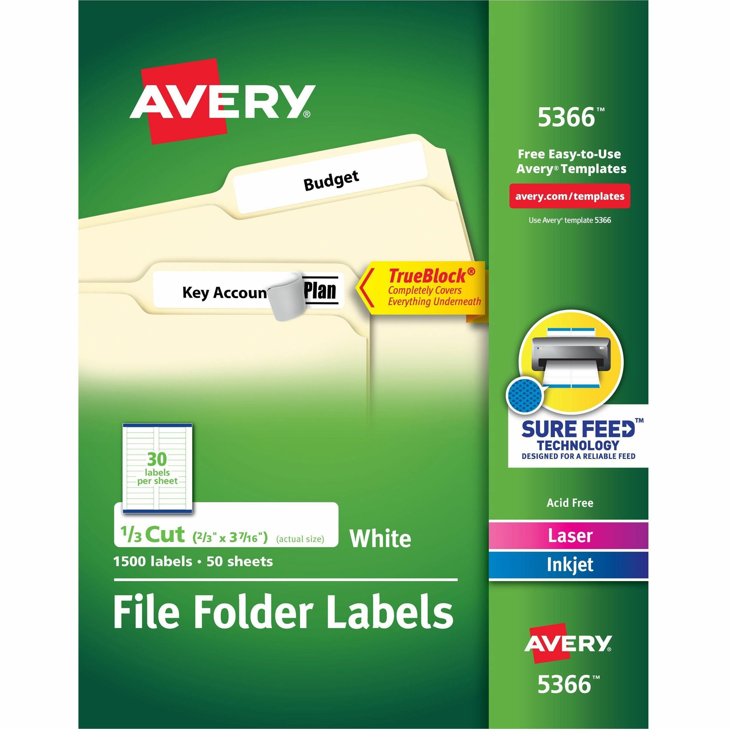 Avery® TrueBlock File Folder Labels - Permanent Adhesive - Rectangle -  Laser, Inkjet - White - Paper - 23 / Sheet - 23 Total Sheets - 1230 Total Within Office Depot Label Template