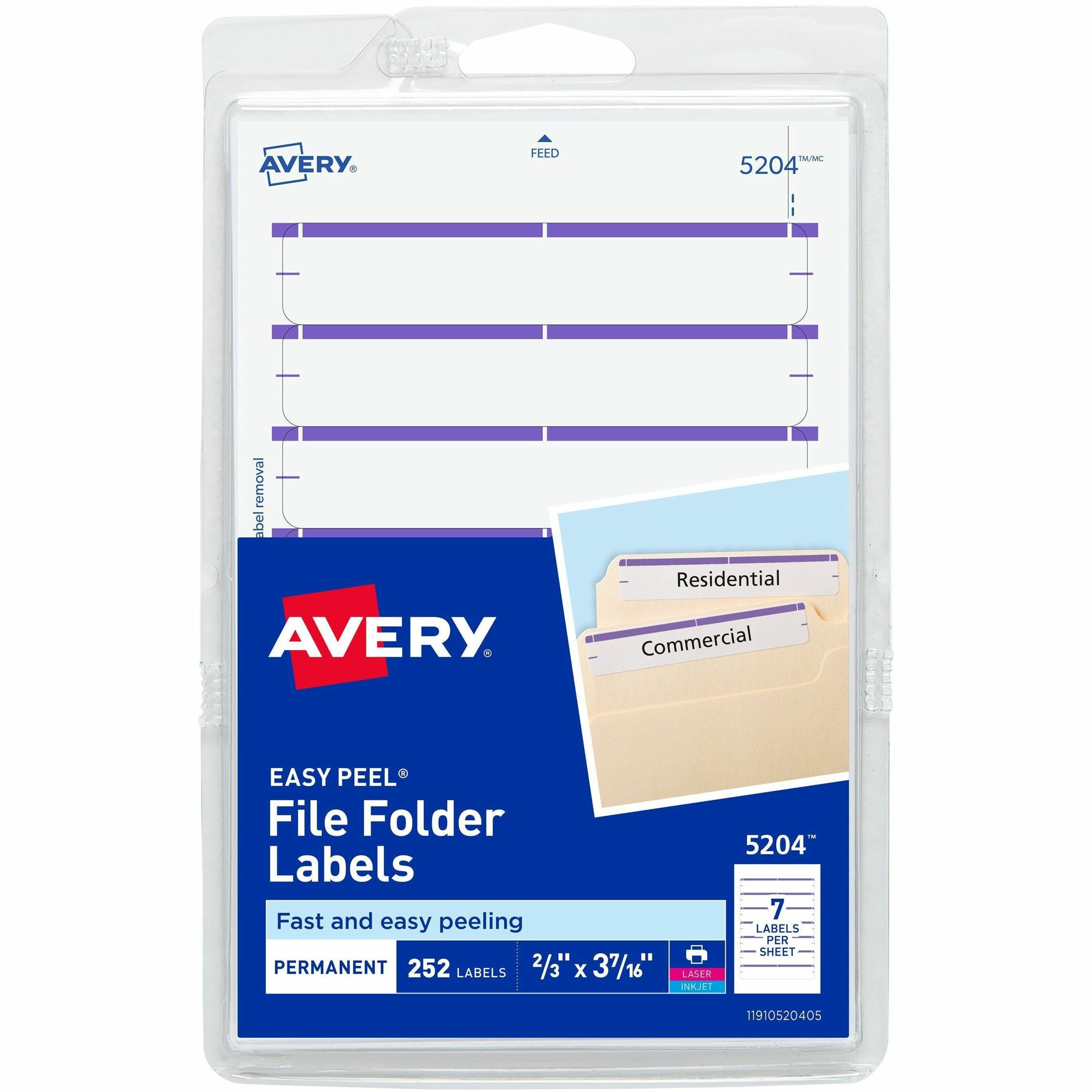 Avery&reg; File Folder Labels, White/Purple, 2/3" x 3-7/16" , 252 (5204)