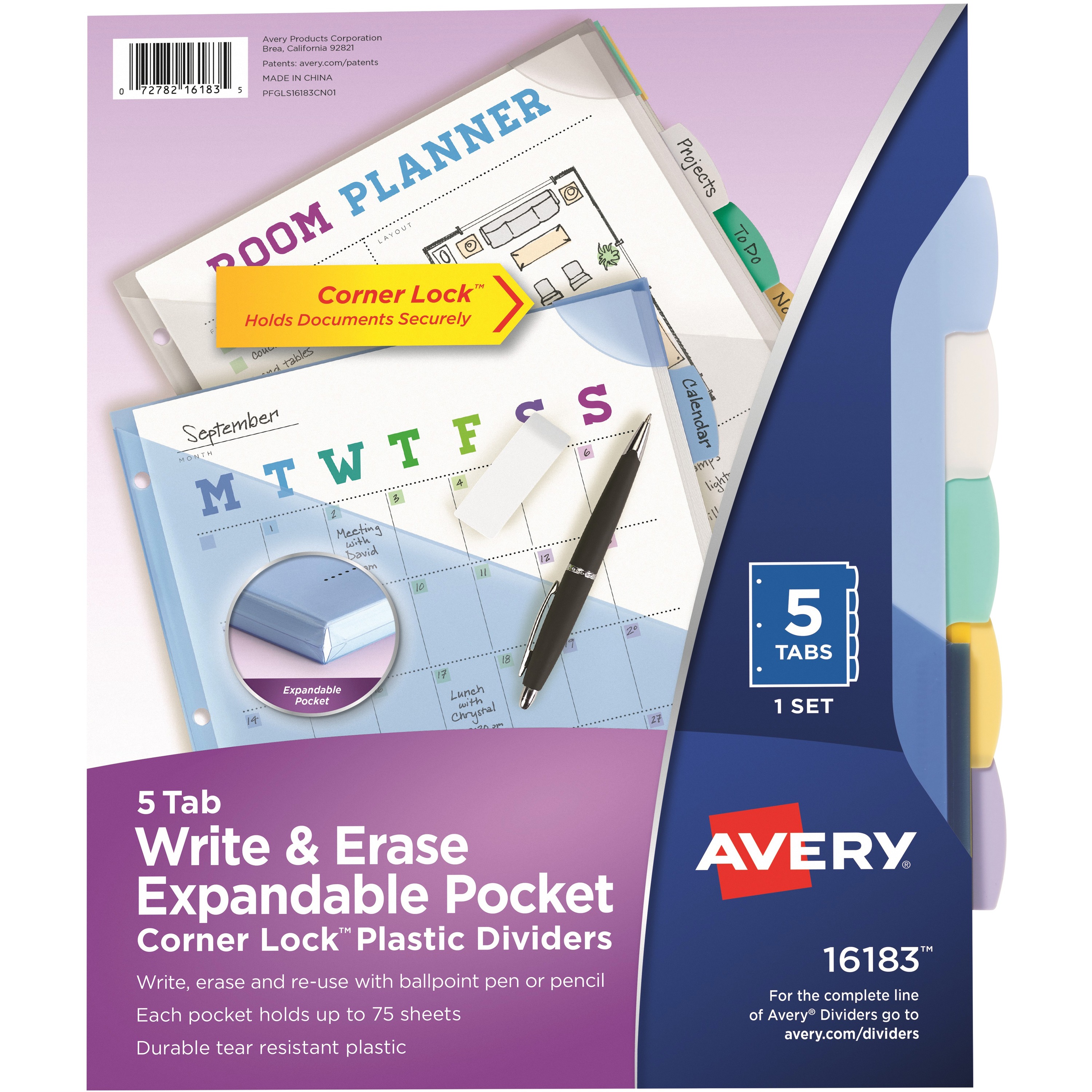 Avery&reg; Corner Lock Write & Erase Plastic Dividers with Expandable Pockets