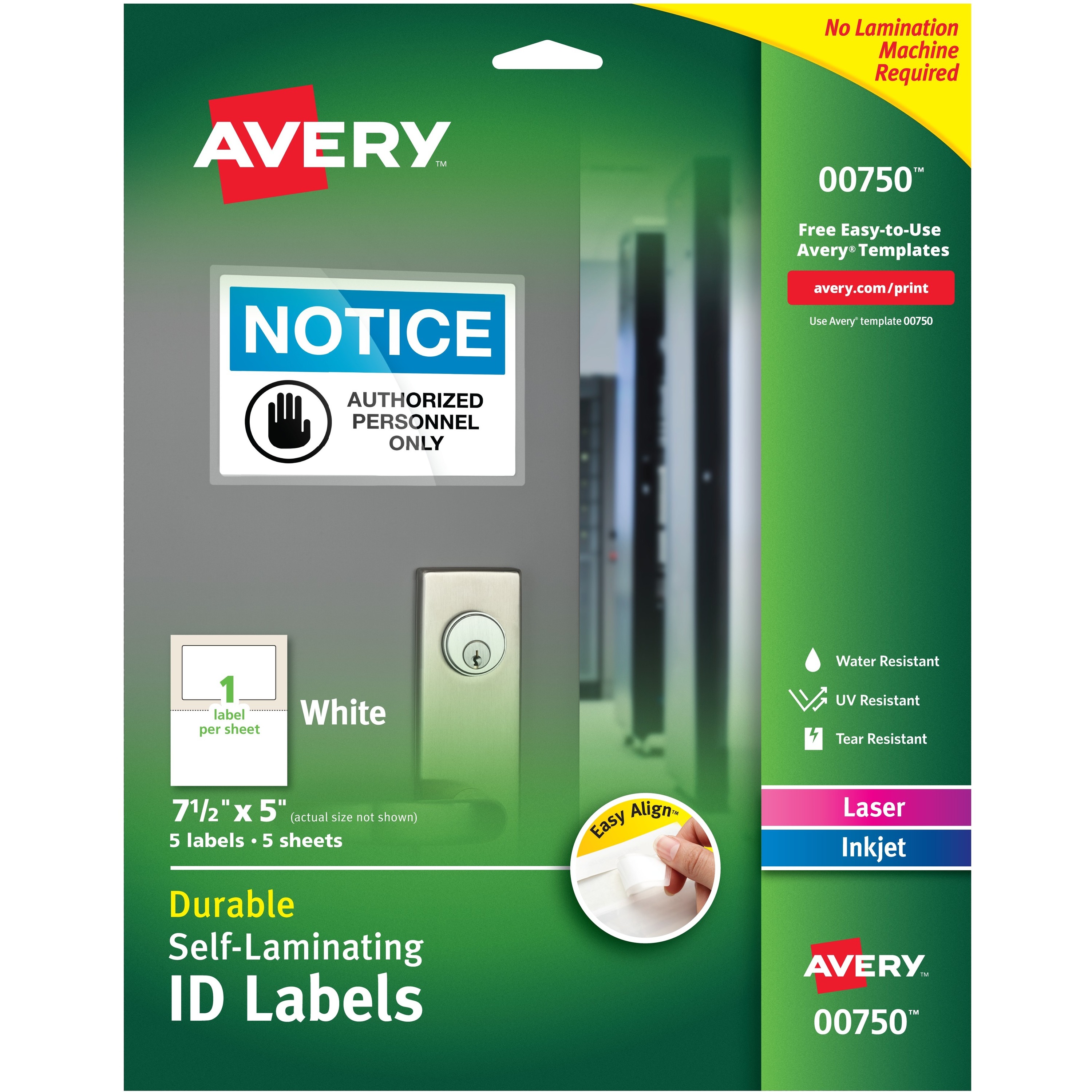 Avery® Easy Align Self-Laminating ID Labels - Waterproof - 5" Height x 7 1/2" Width - Permanent Adhesive - Rectangle - Laser, Inkjet - White - Film - Water Resistant - 1 / Sheet - 25 Total Sheets - 25 Total Label(s) - 5 / Carton