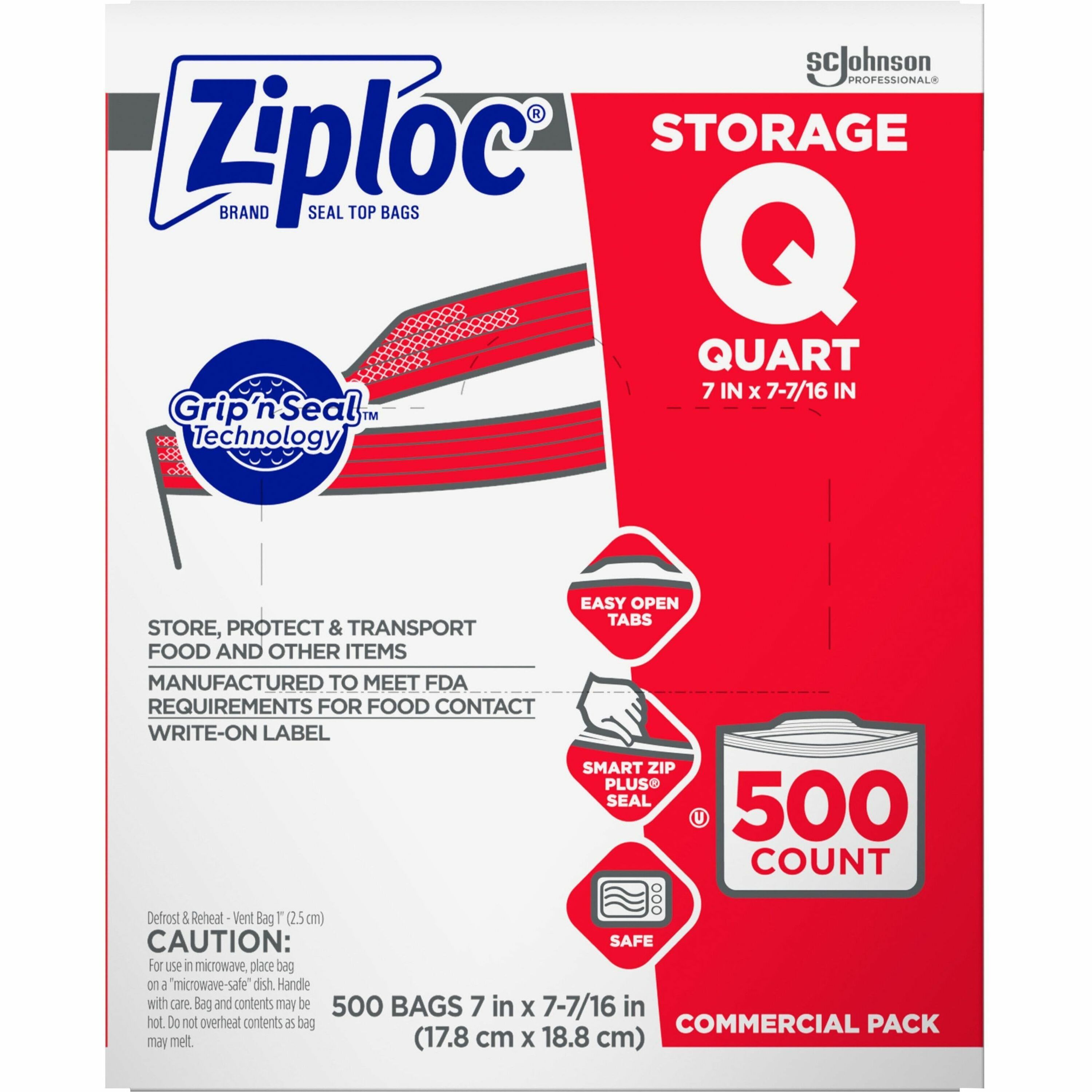 Ziploc® Seal Top Quart Storage Bags - Medium Size - 1 quart Capacity - 1.75 mil (44 Micron) Thickness - Clear - Food - 500 / Carton