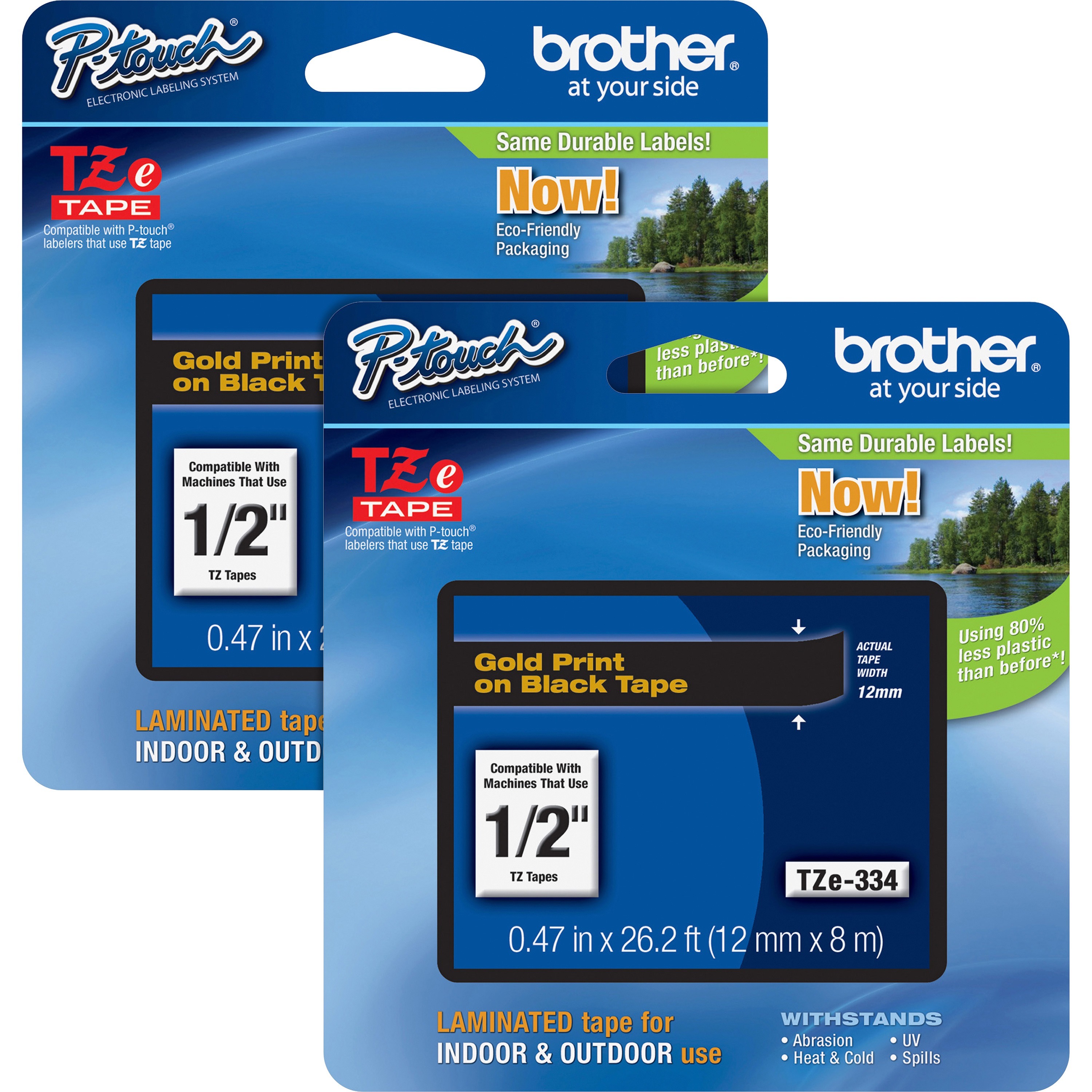 P-touch TZe Laminated Tape Cartridges - 1/2" Width - Black - Laminated - Water Resistant - 2 / Bundle