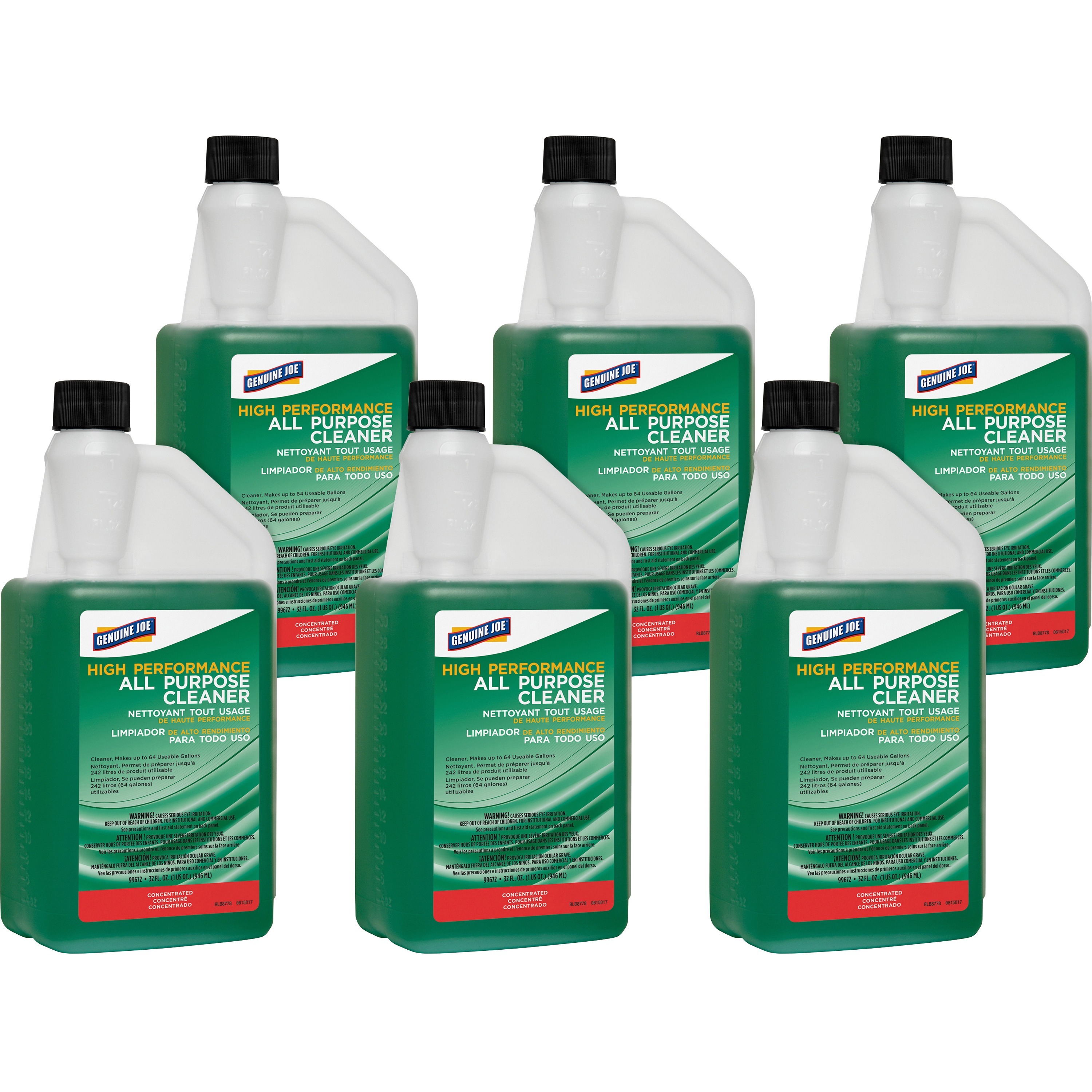 Genuine Joe High Performance All Purpose Cleaner - Concentrate - 32 fl oz (1 quart) - Deodorize, Butyl-free, Phosphate-free - Green - 6 / Carton