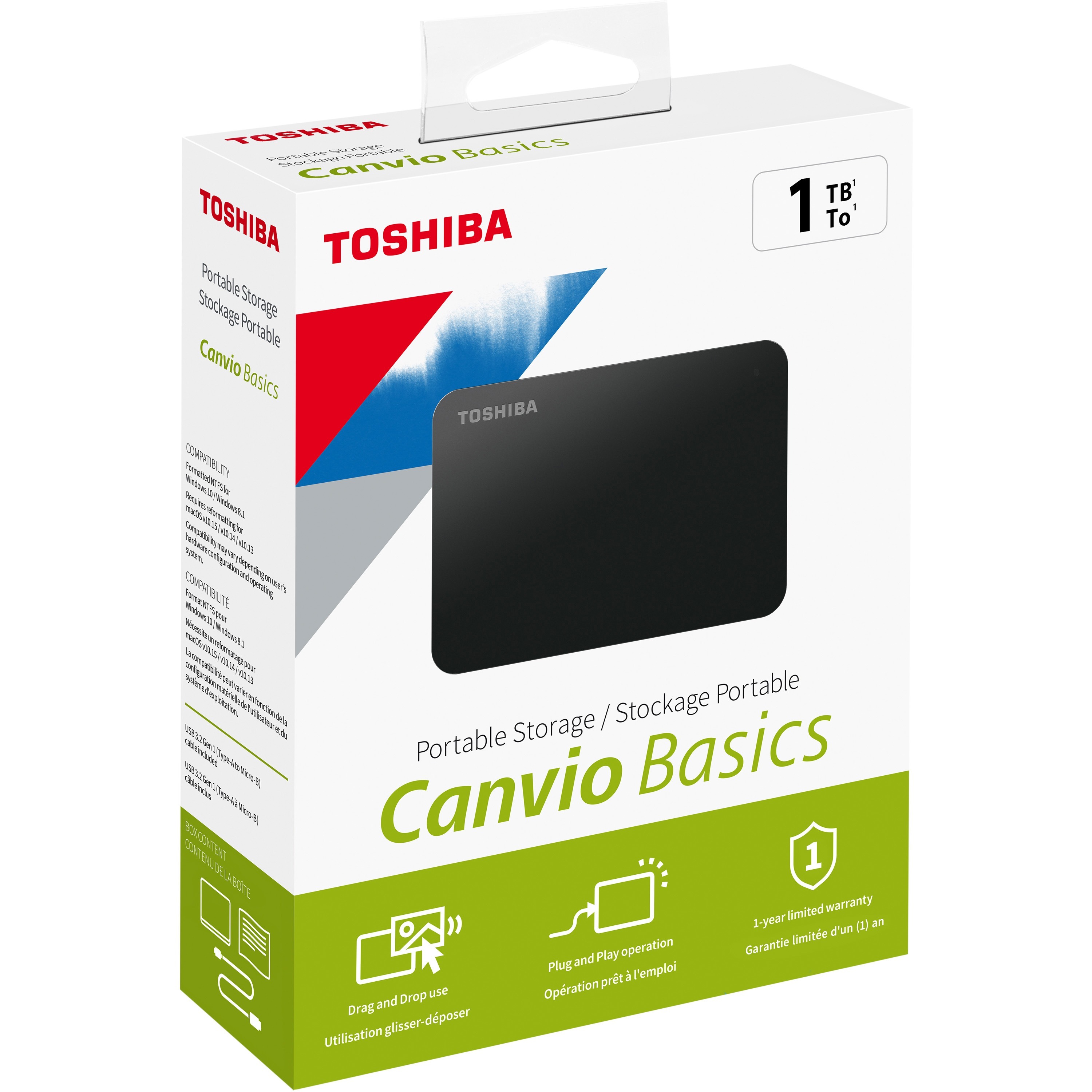 Toshiba Canvio Basics 1 TB Hard Drive - External - Black - USB 3.0 - 1 Year Warranty - 1