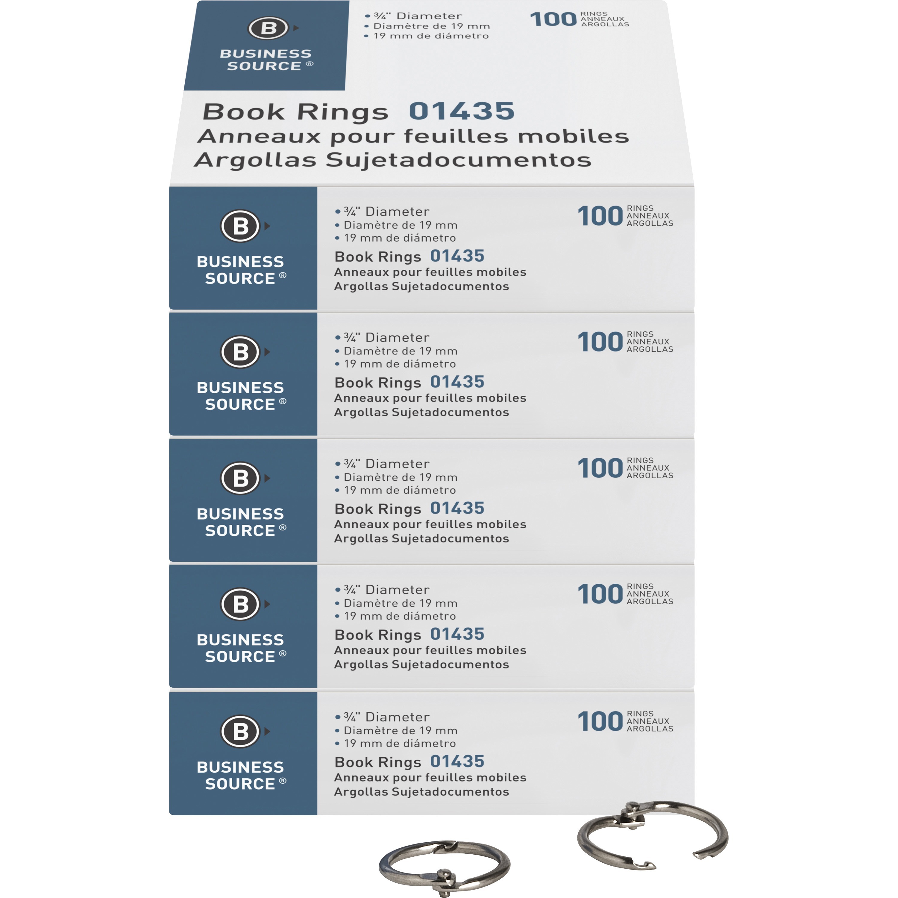 Business Source Standard Book Rings - 0.7" Diameter - Silver - 100/Box - 5 / Bundle