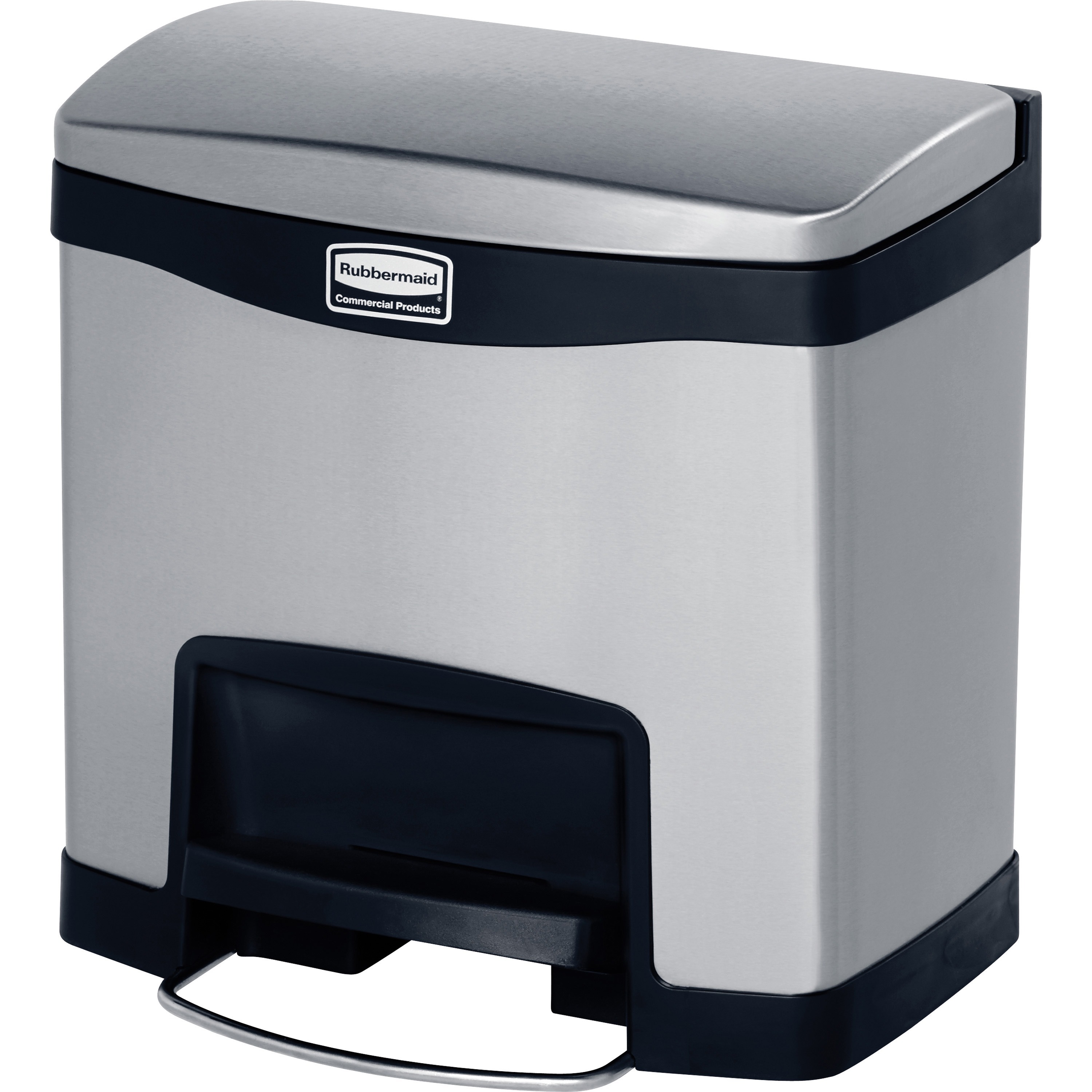 Rubbermaid Commercial Slim Jim Step-on Steel Container - Step-on Opening - 4 gal Capacity - Rectangular - Durable, Hinged, Pedal Control, Easy to Clean, Fingerprint Resistant - 15.7" Height x 11.9" Width - Steel, Metal - Stainless Steel, Black - 1 Each