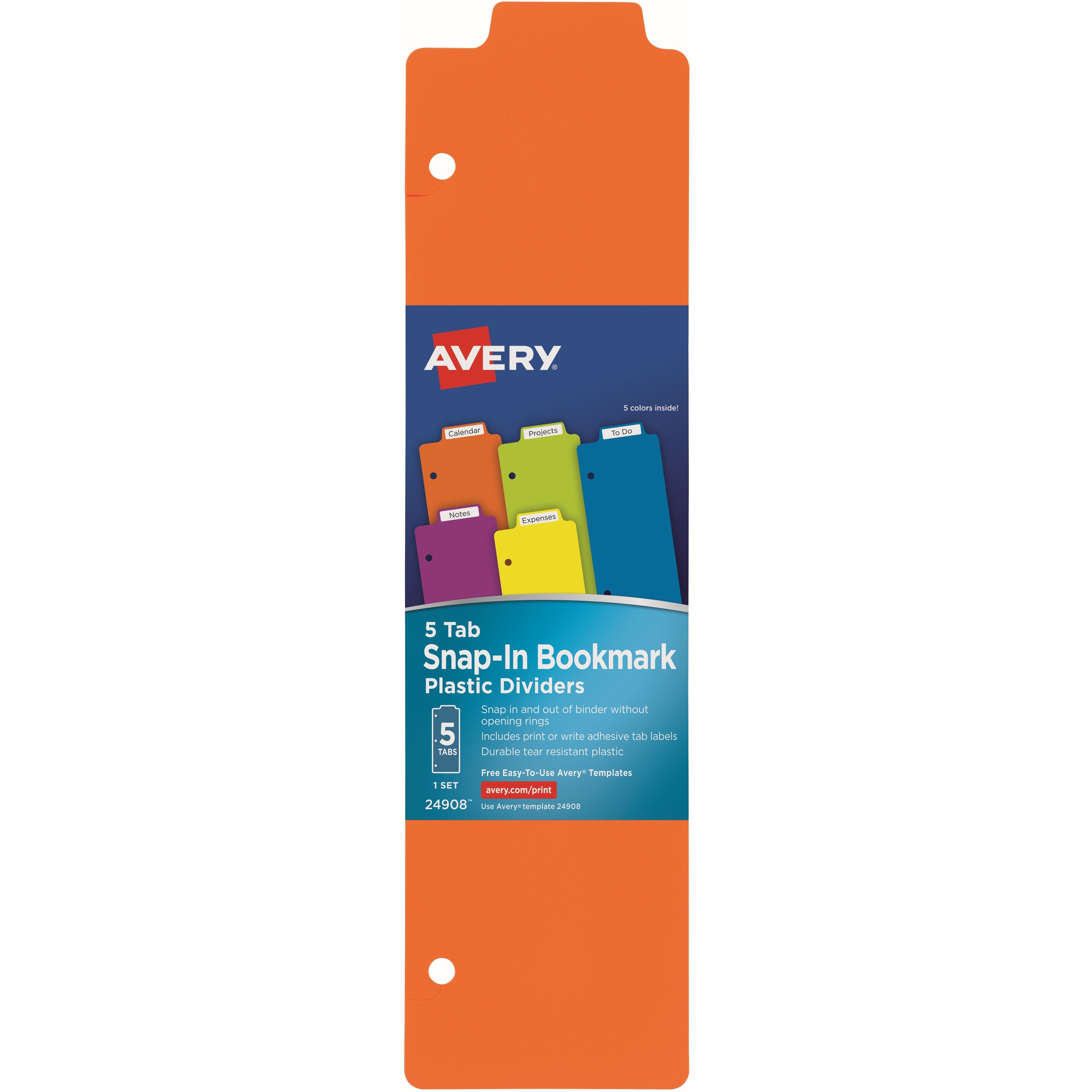 Avery&reg; Snap-In Plastic Bookmark Dividers, 5 Tabs, 1 Set, Multicolor (24908)