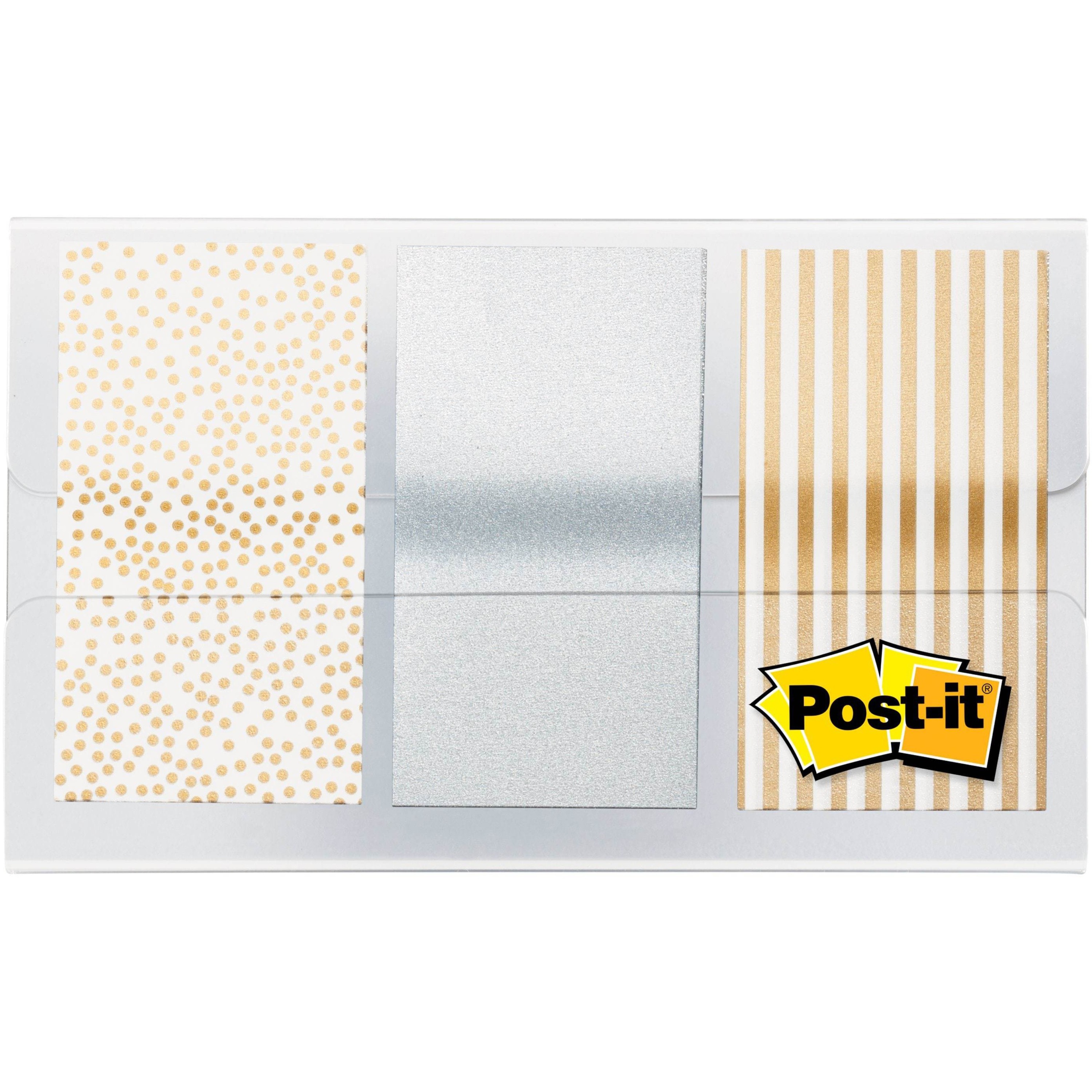 Post-it® Printed Flags - 60 x Assorted Metallic - 1" Flag/Note Width x 1 3/4" Flag/Note Length - 30 Sheets per Pad - Gold, Silver - Sticky, Removable, Writable, Self-adhesive - Dispenser Included - 60 / Pack