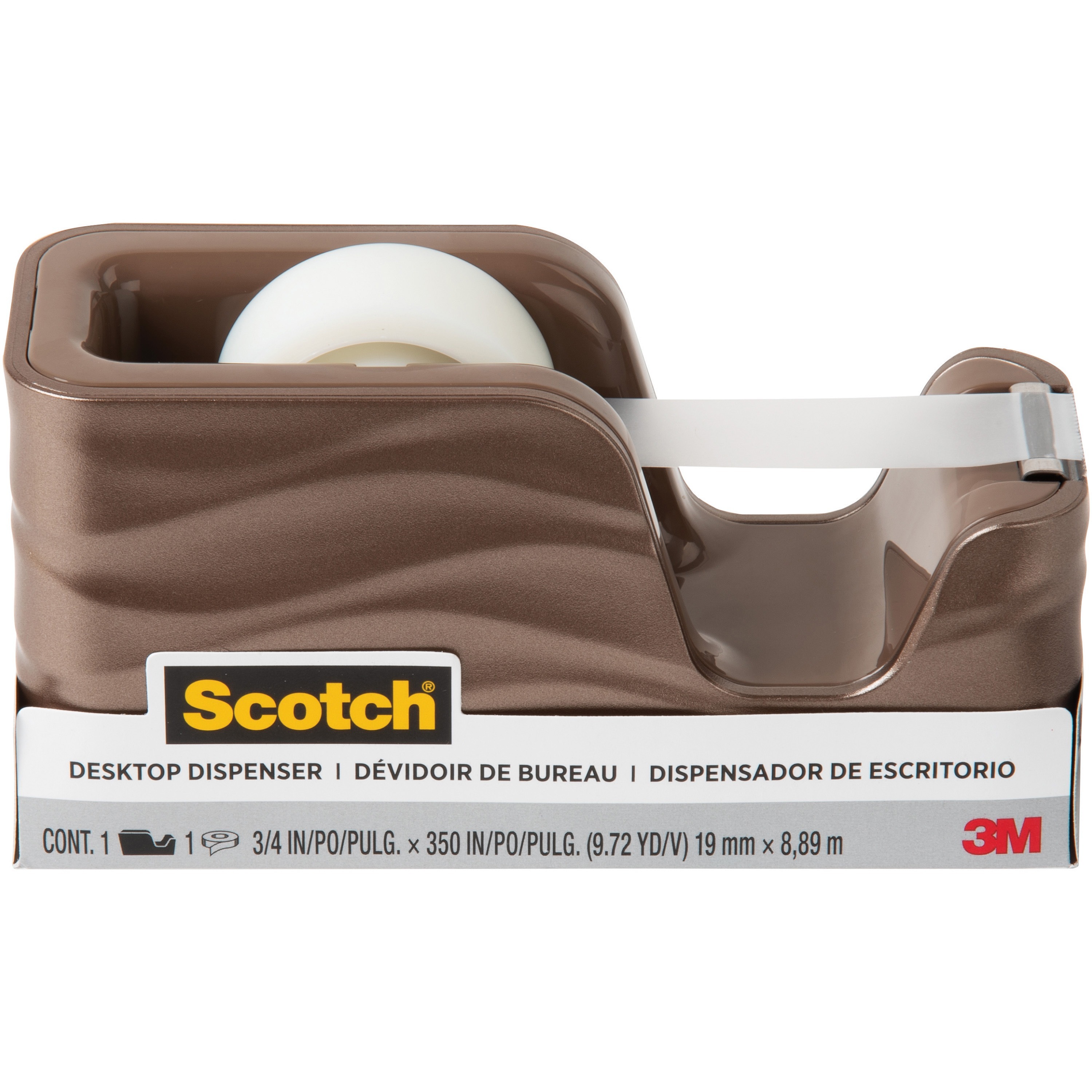 Scotch Wave Desktop Tape Dispenser - 1" Core - Refillable - Impact Resistant, Non-skid Base, Weighted Base - Plastic - Metallic Bronze - 1 Each