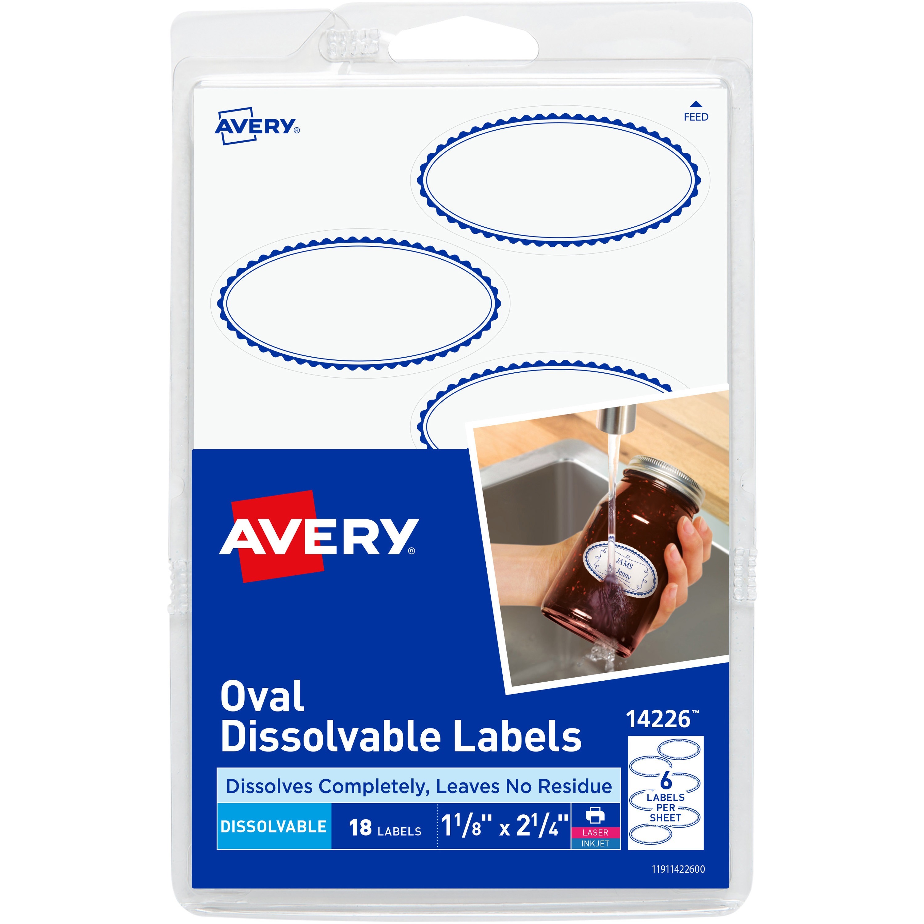 Avery® Oval Dissolvable Labels - Oval - Laser, Inkjet - White, Blue - Paper - 6 / Sheet - 3 Total Sheets - 18 Total Label(s) - 18 / Carton