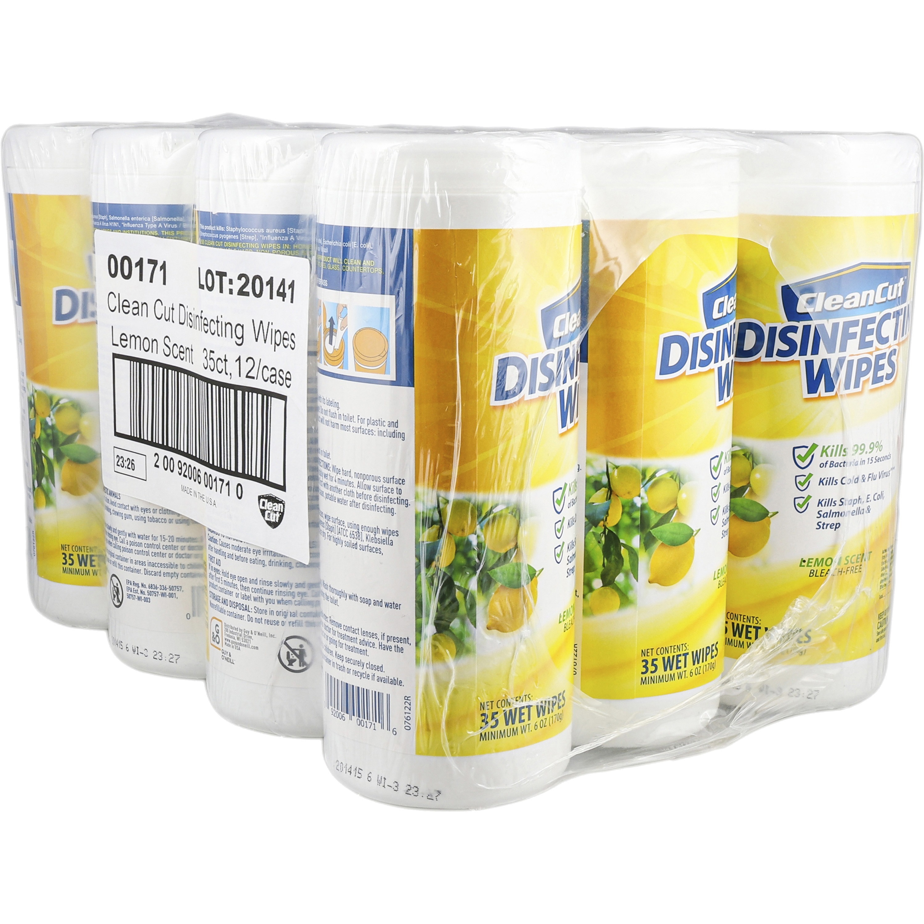 Clean Cut Disinfecting Wipes - Lemon Scent - Disinfectant, No-mess, Streak-free - White - 35/Tub - 12 / Carton