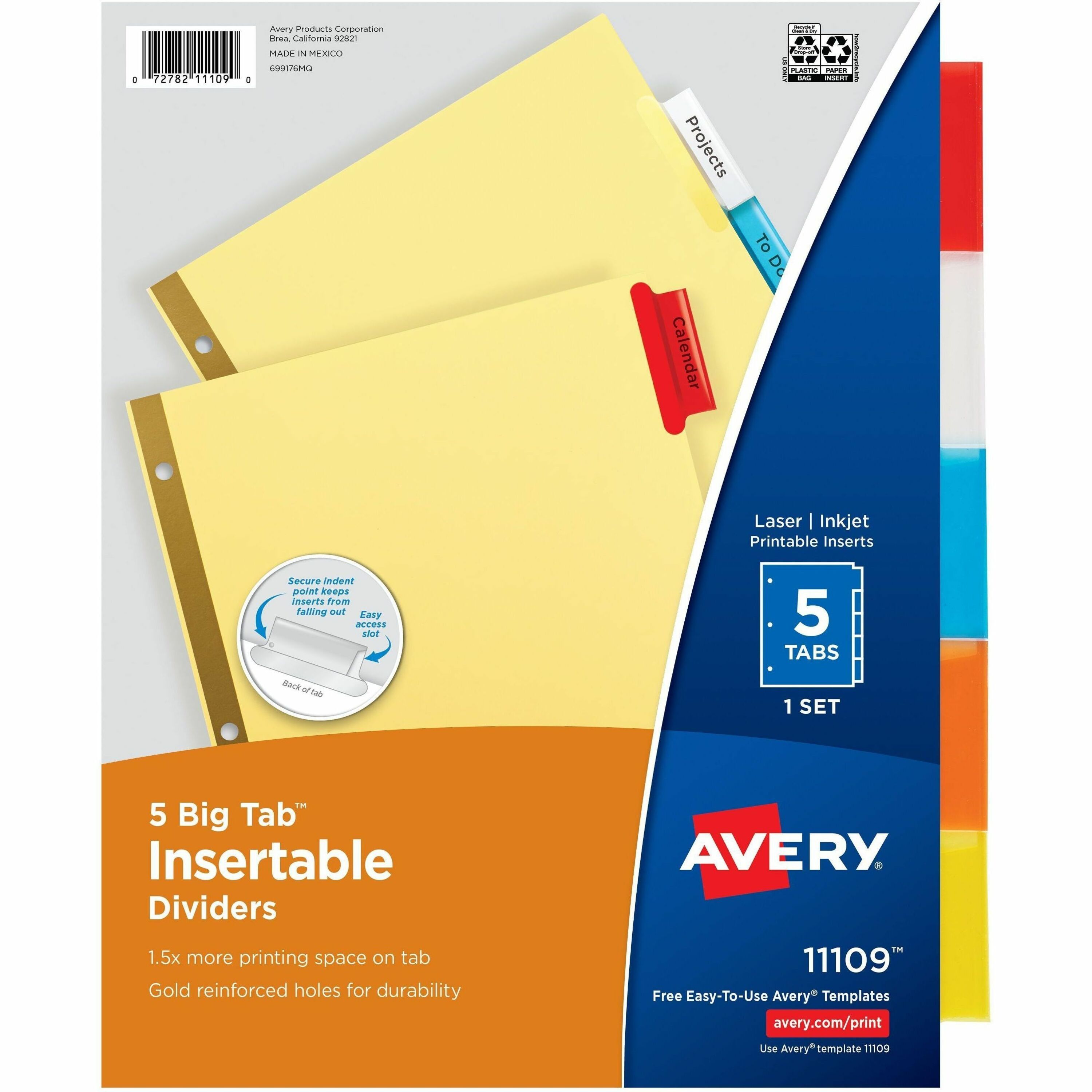 Avery Big Tab Insertable Dividers - 5 Tab(s)/Set - 8.5" Divider Width x 11" Divider Length - 3 Hole Punched - Buff Buff Paper Divider - Multicolor Plastic Tab(s) - Recycled - Insertable, Hole-punched, Customizable, Gold Reinforced, Reinforced Hole, Tear Resistant, Sturdy, Durable, Reinforced Tab, Long Lasting - 48 / Carton