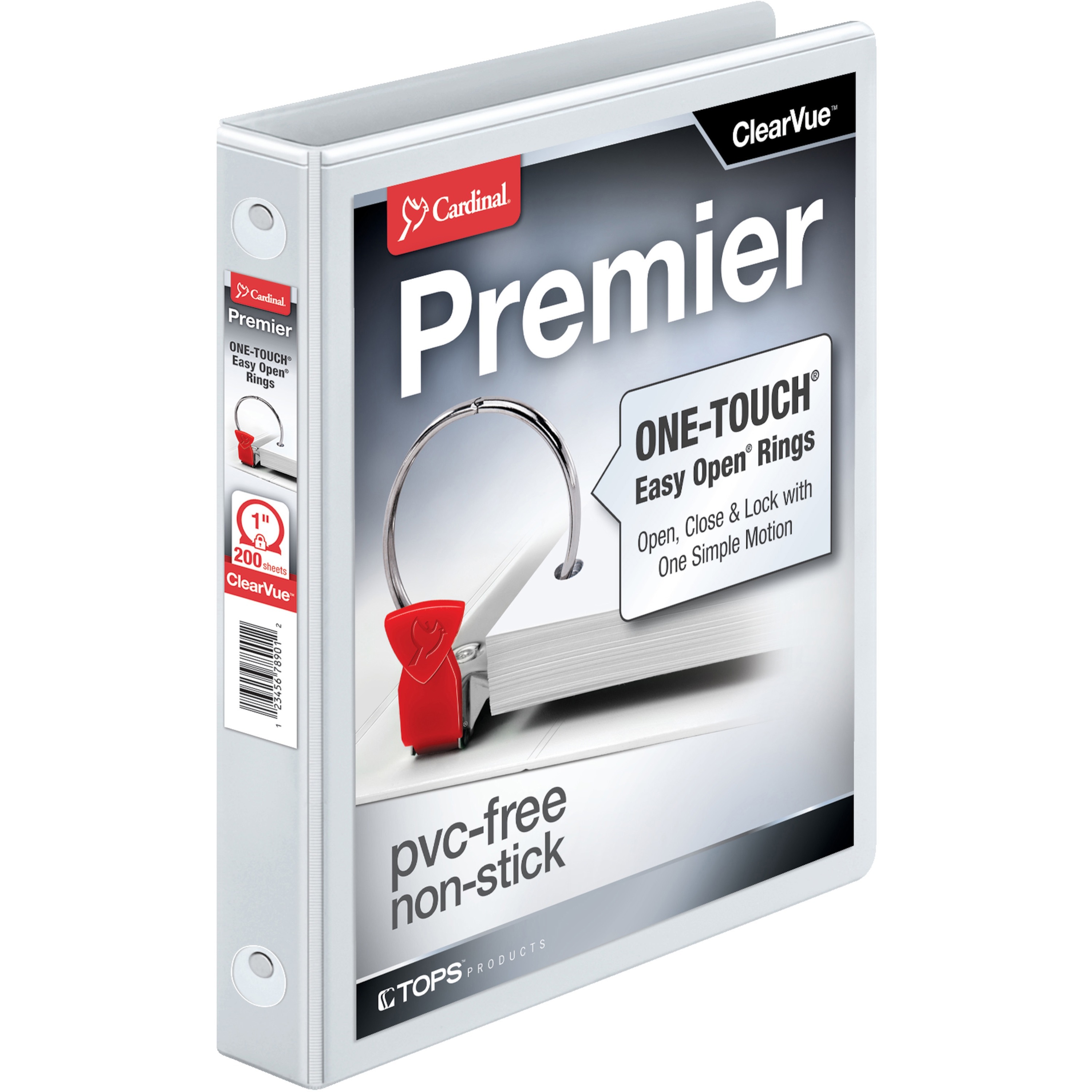 Cardinal EasyOpen ClearVue Locking Round Ring Binder - 1" Binder Capacity - Letter - 8 1/2" x 11" Sheet Size - 200 Sheet Capacity - 1" Spine Width - 3 Ring - Fastener: Round Ring - Pocket: 2, Inside Front & Back - Vinyl - White - 15.52 oz - Locking Mechanism, Clear Overlay, One Touch Ring, Sheet Lifter, Locking Ring - 1 Each