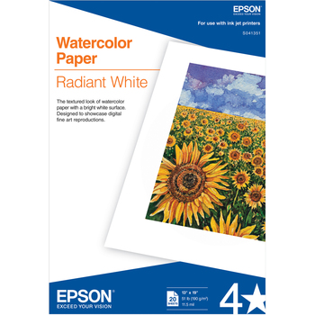 Epson Inkjet Watercolor Paper, 51 lb, 13&quot; x 19&quot;, Radiant White, 20 Sheets/Pack