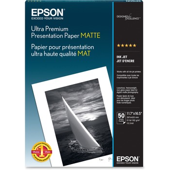 Epson Ultra Premium Presentation Paper, Matte, 10.3 mil, 11.75&quot; x 16.5&quot;, White, 50 Sheets/Pack