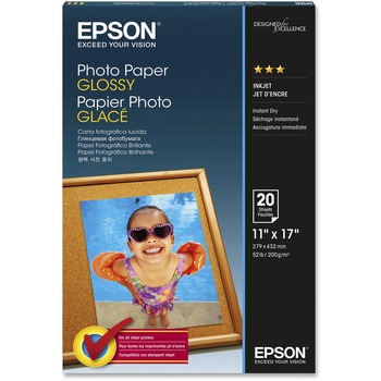 Epson Photo Paper, Glossy, 60 lb, 11&quot; x 17&quot;, 20 Sheets/Pack