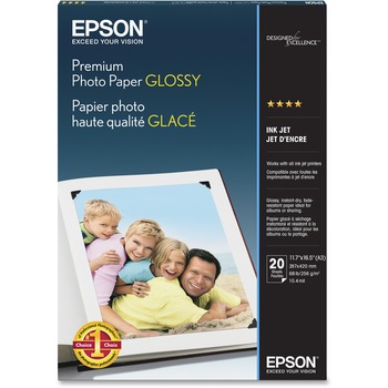 Epson Premium Photo Paper, High-Gloss, 68 lb, 11.75&quot; x 16.5&quot;, 20 Sheets/Pack