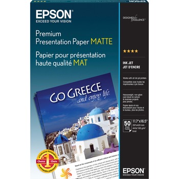 Epson&#174; Premium Presentation Paper, Matte, 45 lb, 11.75&quot; x 16.5&quot;, 50 Sheets/Pack