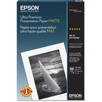 Epson Ultra Premium Presentation Paper, Matte, 10.3 mil, 13&quot; x 19&quot;, White, 50 Sheets/Pack