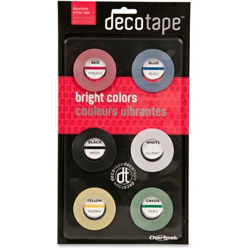 Chartpak Deco Bright Decorative Tape, 1/8&quot; x 324&quot;, Red/Black/Blue/Green/Yellow, 6/Pack