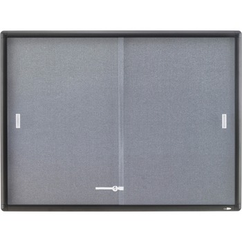 Quartet&#174; Enclosed Bulletin Board, Fabric/Cork/Glass, 48 x 36, Gray, Aluminum Frame