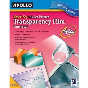 Apollo Quick-Dry Transparency Film, Removable Sensing Stripe, Letter, Clear, 50/Box