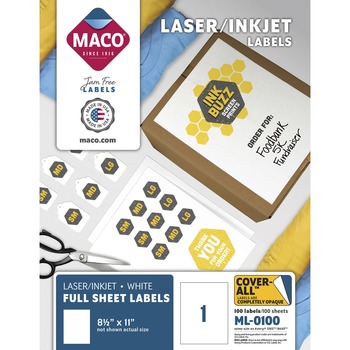 MACO White Laser/Inkjet Full-Sheet Identification Labels, 8 1/2 x 11, White, 100/Box