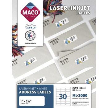 MACO White Laser/Inkjet Shipping &amp; Address Labels, 1 x 2 5/8, 3000/Box