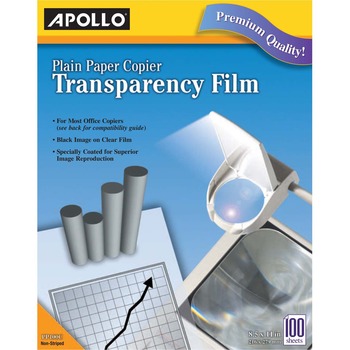 Apollo Plain Paper Transparency Film for Laser Devices, Removable Stripe, Clear, 100/BX
