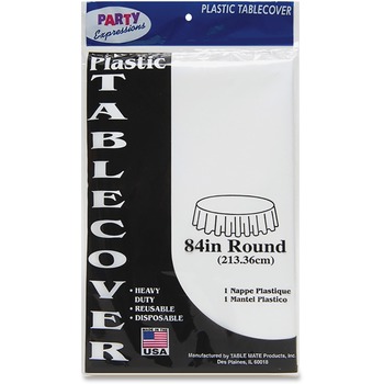 Tablemate Table Set Round Table Cover, Plastic, 84&quot; dia, White, 6/PK