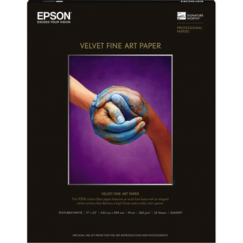 Epson Velvet Fine Art Paper, 17&quot; x 22&quot;, White, 25 Sheets/Pack