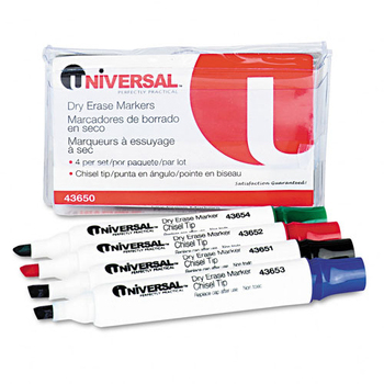 Universal Dry Erase Marker, Broad Chisel Tip, Assorted Colors, 4/Set