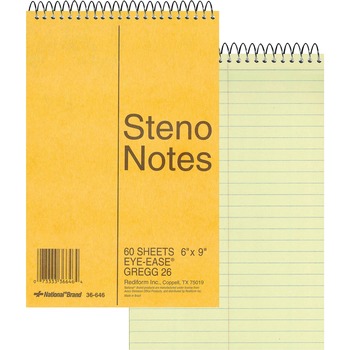 National Standard Spiral Steno Book, Gregg Ruled, 6&quot; x 9&quot;, Green Paper, Yellow Cover, 60 Sheets